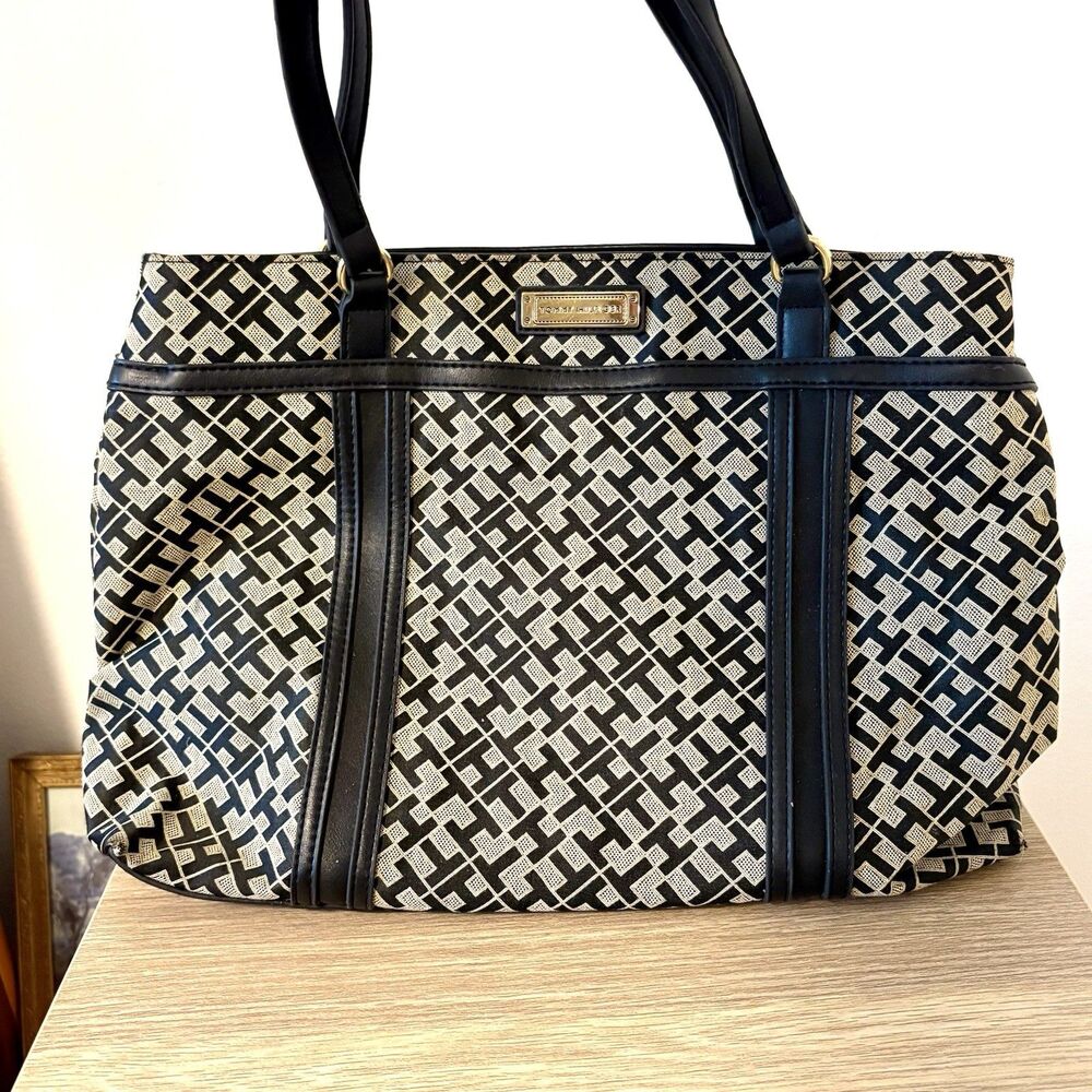 Tommy Hilfiger Black and Beige Monogram Tote Bag, Purse, Preppy Chic Handbag
